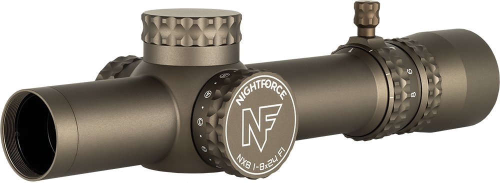 NX8 1-8X24 F1 - Capped E/W - .2 Mil-Radian - PTL - FC-DMX Dark Earth C663 - 1 Shot Gear